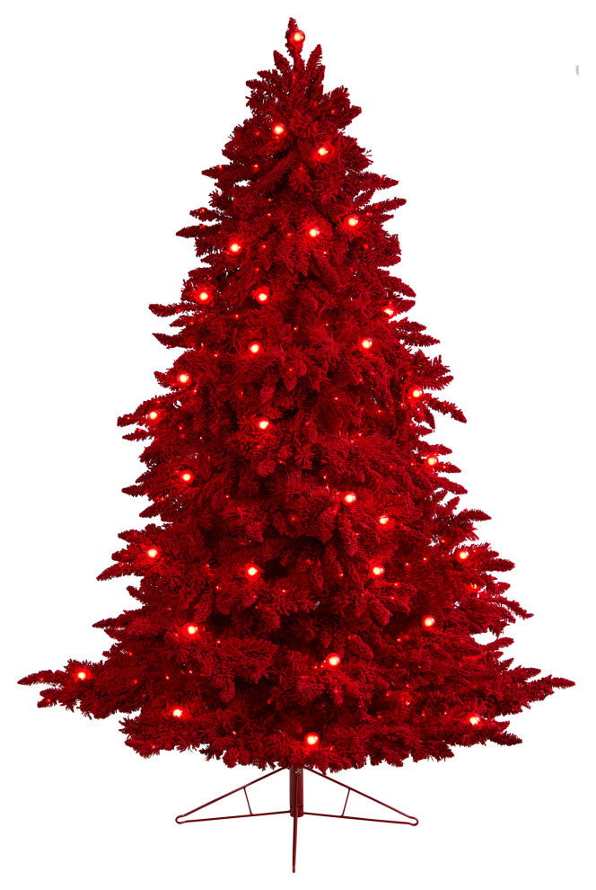T3511 8' Red Flocked Fraser Fir Artificial Christmas Tree With 700 Red Lights