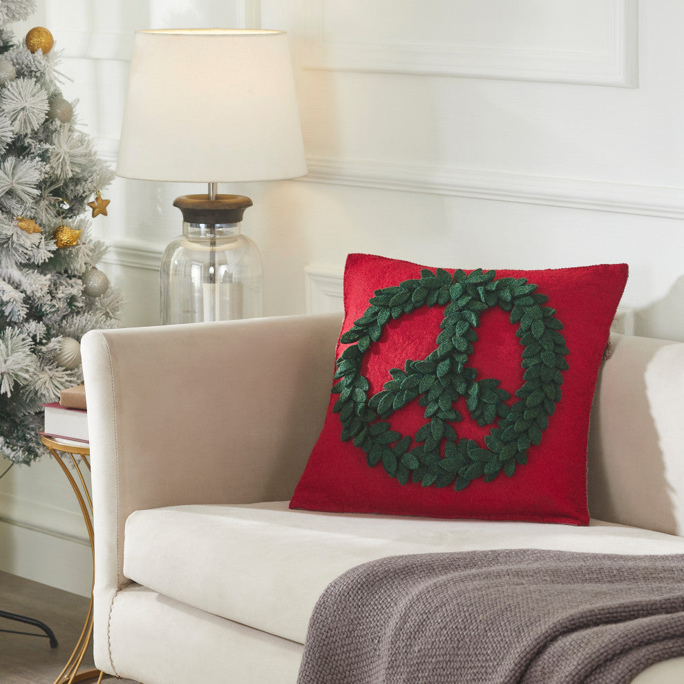 Hand Felted Wool Pillow Green Peace Sign on Red 20