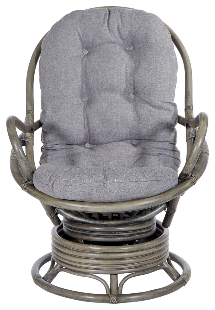 Tahiti Rattan Swivel Rocker Chair, Gray Fabric With Gray Frame