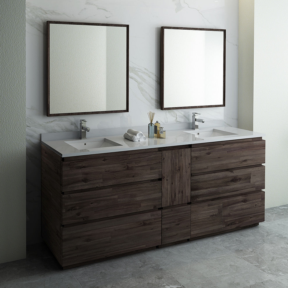 Fresca Formosa 84" Acacia Floor Standing Double Sink Bathroom Vanity w/ Mirrors,