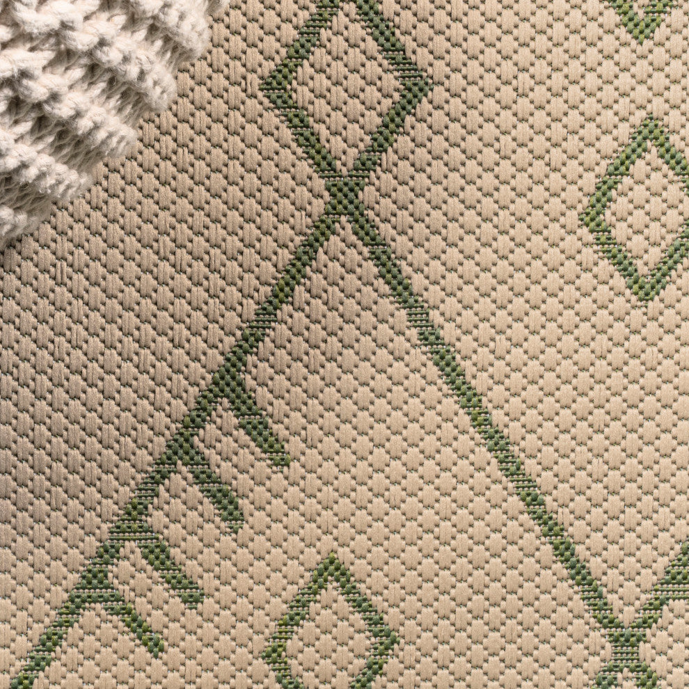 Boho Moroccan Indoor/Outdoor Area Rug, Beige/Green, 2'x10'