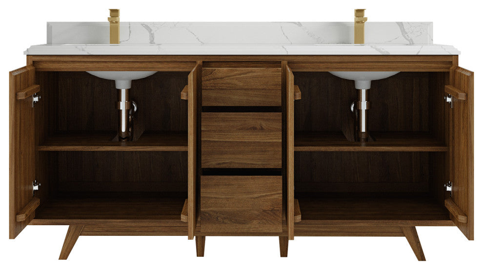 Madison Teak 72 Double Sink Bath Vanity in Dark Natural 1.5" Calacatta Laza