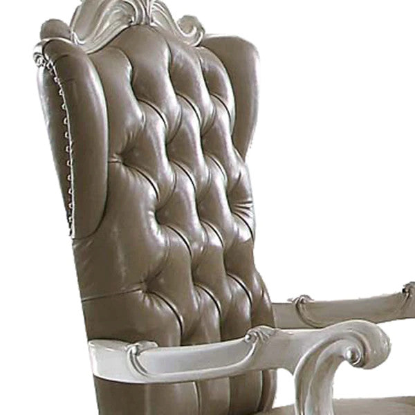 Benzara BM204356 Faux Leather Wooden Arm Chairs, Set of Two, White and Gray