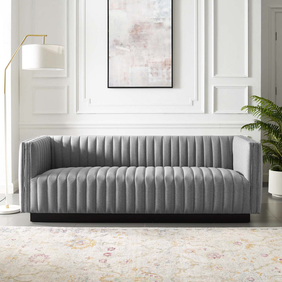 Tufted Sofa, Fabric, Gray, Modern, Living Lounge Hotel Lobby Hospitality