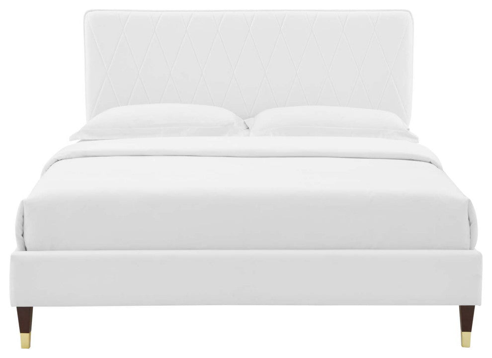 Platform Bed Frame, King Size, Velvet, White, Modern Contemporary, Bedroom