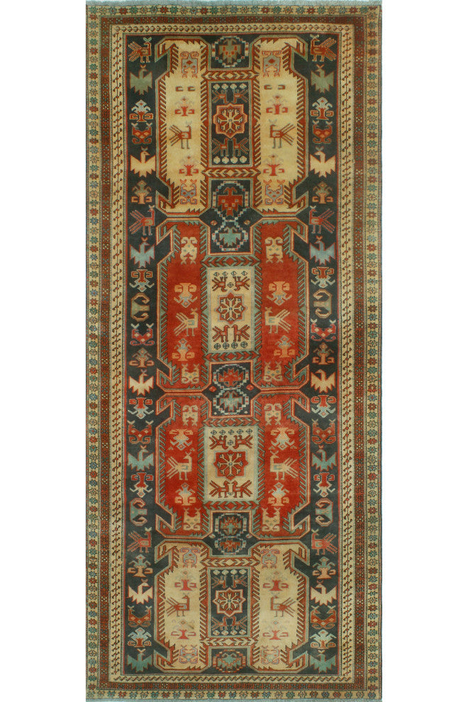 Fine Vintage Distressed Mitzi Navy/Red Runner, 4'1x9'11