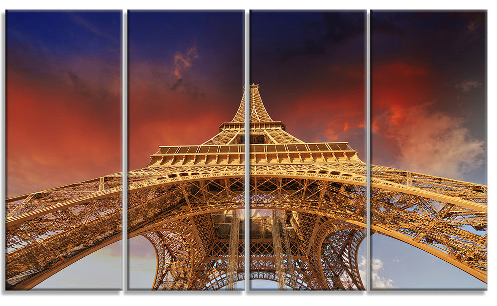 "Beautiful View of Paris Eiffel Tower Under Red Sky" Wall Art, 48"x28", 4-Panels