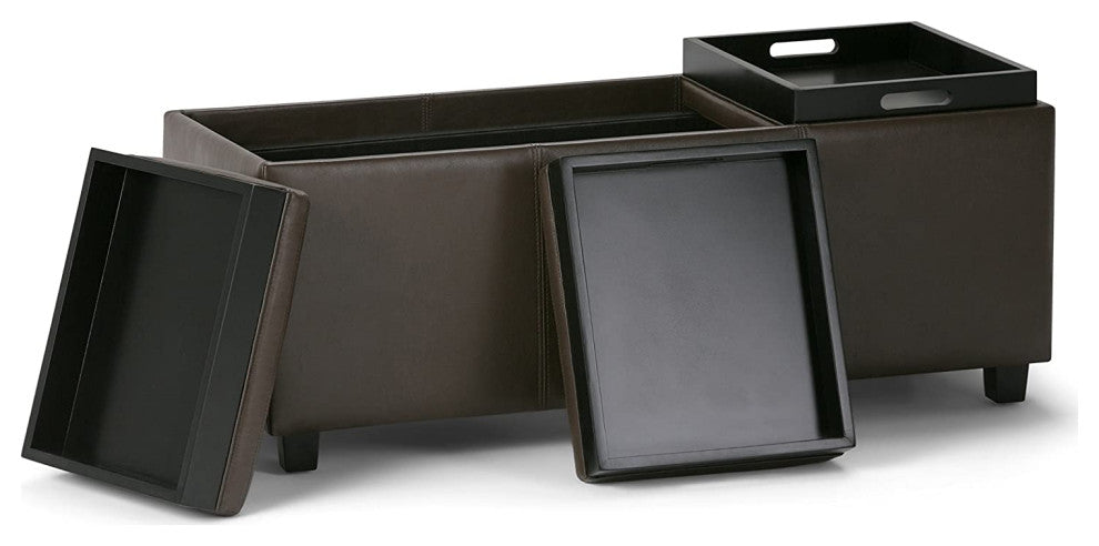 Modern Storage Ottoman, 3 Cushioned Flip Over Serving Trays, Chocolate Brown