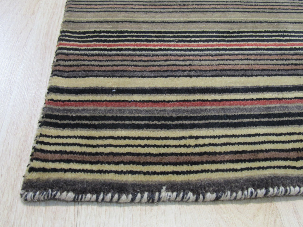 Black/Charcoal Striped Handmade Wool Rug, 3'x5'