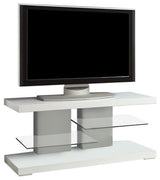 Benzara BM156158 Charming White Tv Console With Alternating Glass Shelves