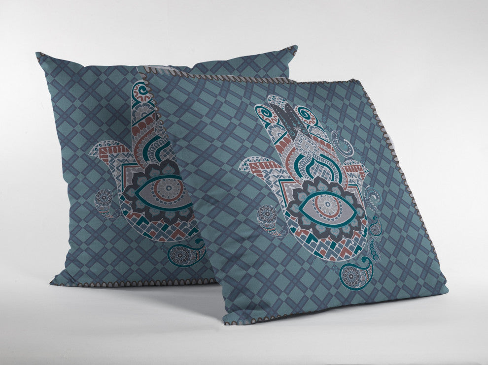 18 Slate Blue Hamsa Boho Suede Throw Pillow