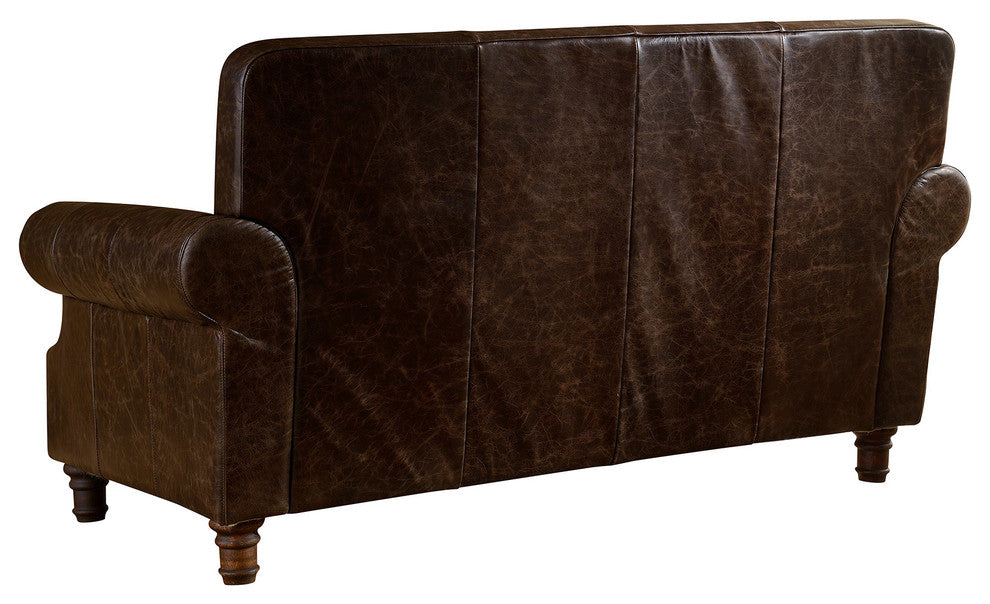 Leather English Rolled Arm Love Seat, Dark Brown