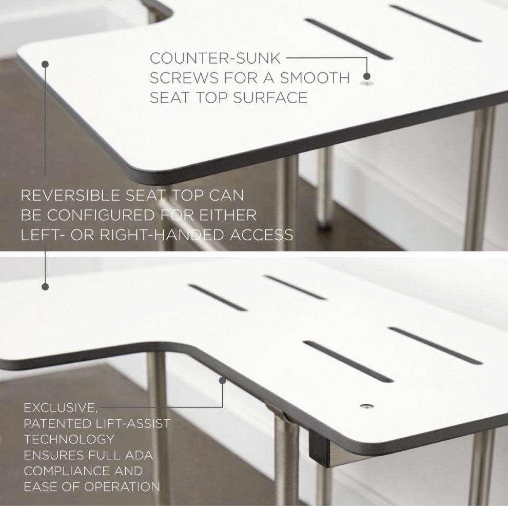 L-Shaped Reversible ADA Transfer Shower Seat w Legs, 34 Inch