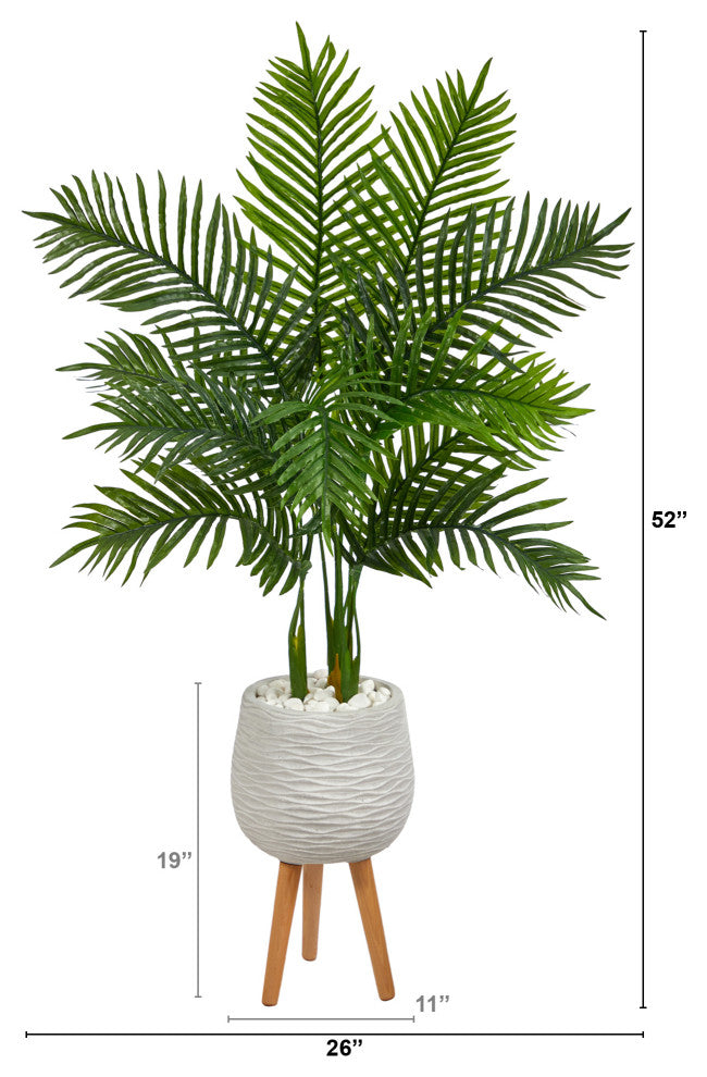 52" Areca Palm Artificial Tree, White Planter With Stand, Real Touch