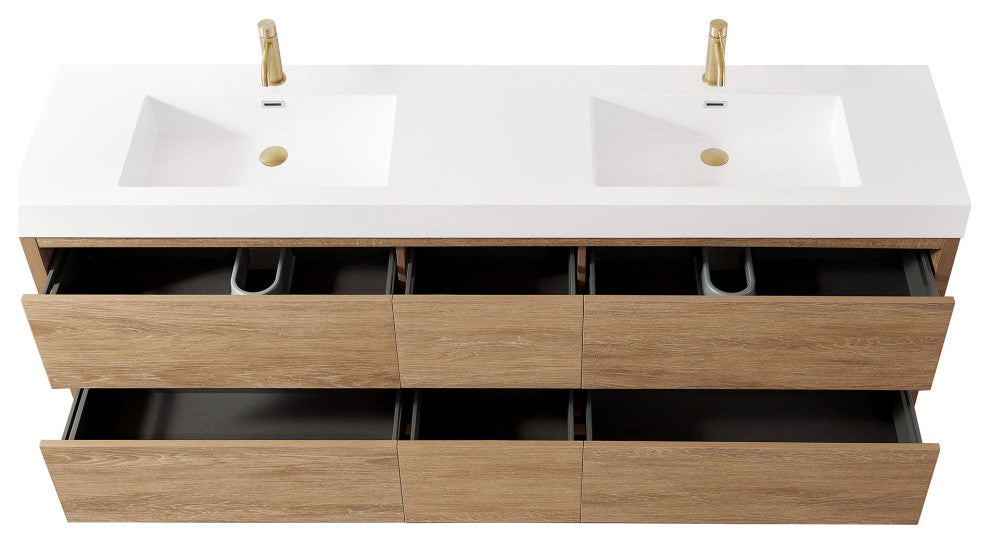 Huesca Bath Vanity, Integrated Sink Top, North American Oak, 84", Without Mirror
