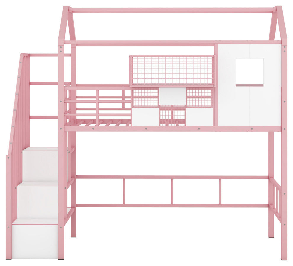 Gewnee Metal Loft Bed with roof design and a storage box, Twin, Pink