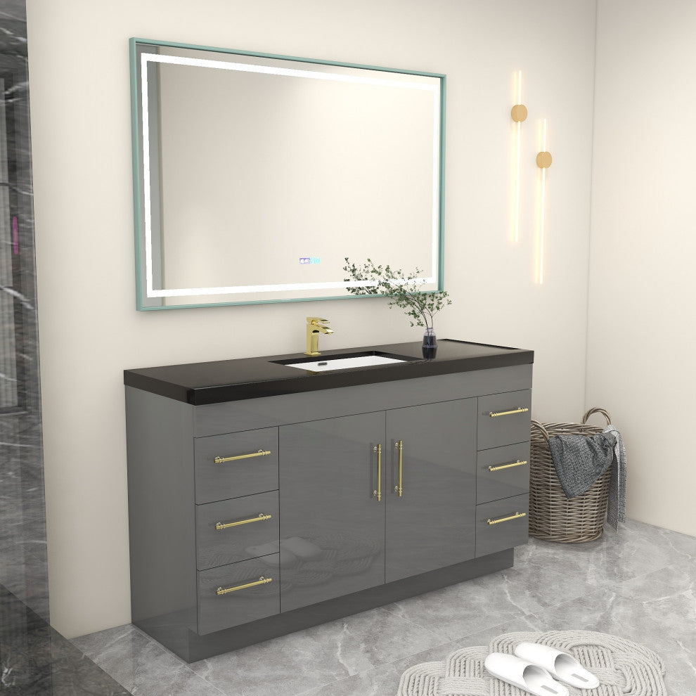 Rosa 60" Free Standing Modern Vanity, High Gloss Gray, Matt Black Top