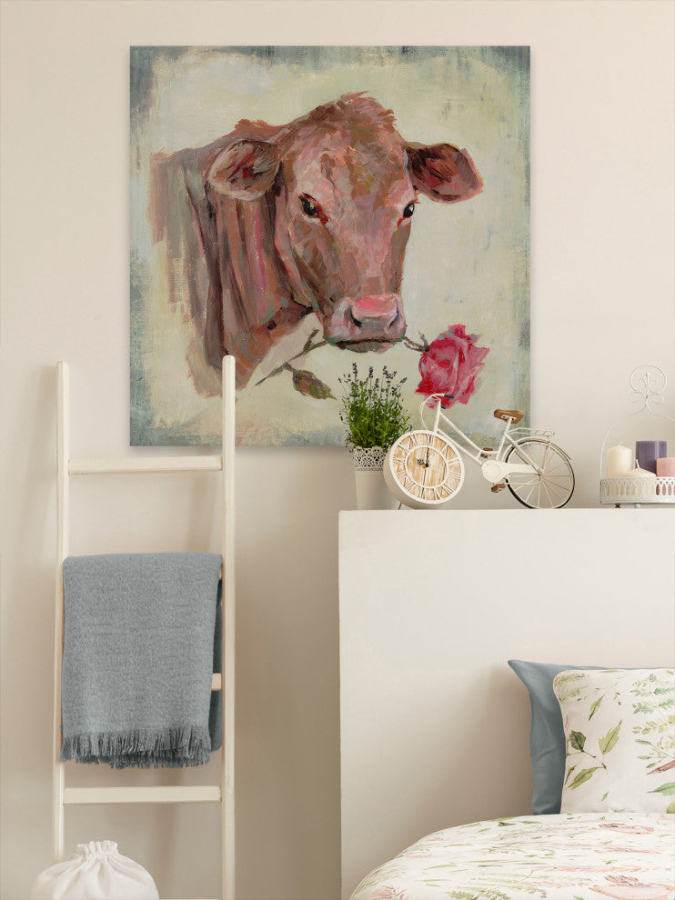 "Romantic Cow" Painting Print on Wrapped Canvas, 48"x48"