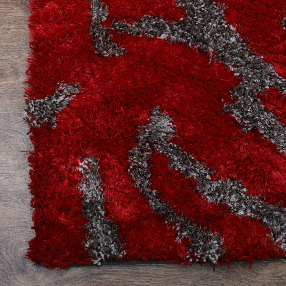 HAND TUFTED SHAG POLYESTER ECO-FRIENDLY AREA RUG,Red&Beige Color,Abstract Design