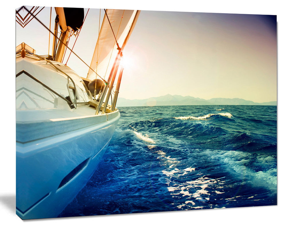 Yacht Sailing in Wavy Waters, Large Seashore Canvas Wall Art, 20"x12"