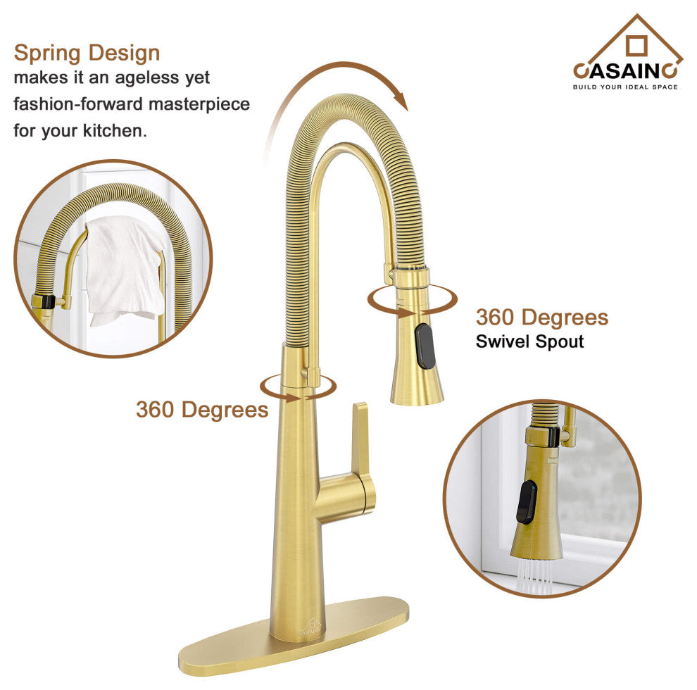 Single-Handle Spring Neck Standard Kitchen Faucet with Dual-Function, Brushed Gold