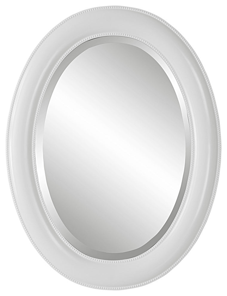 29 Inch Wood Wall Mirror, Beaded Oval Shape, White