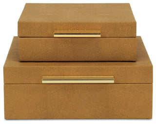 Lusan Square Decorative Box Set, Camel Brown Faux Shagreen
