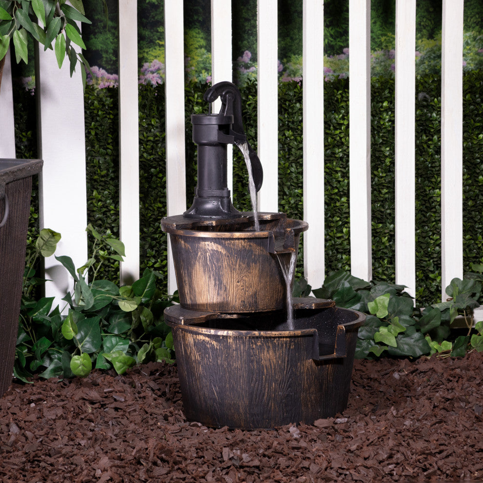 27" Tall 2-Tier Barrel and Pump Waterfall Fountain, Bronze Finish