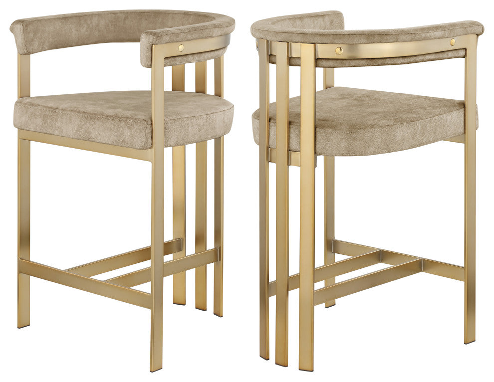 Marcello Upholstered Counter Stool, Beige, Velvet, Brushed Brass