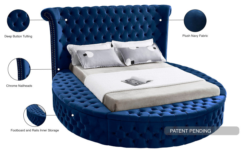 Luxus Button Tufted Velvet Round Bed, Navy, King