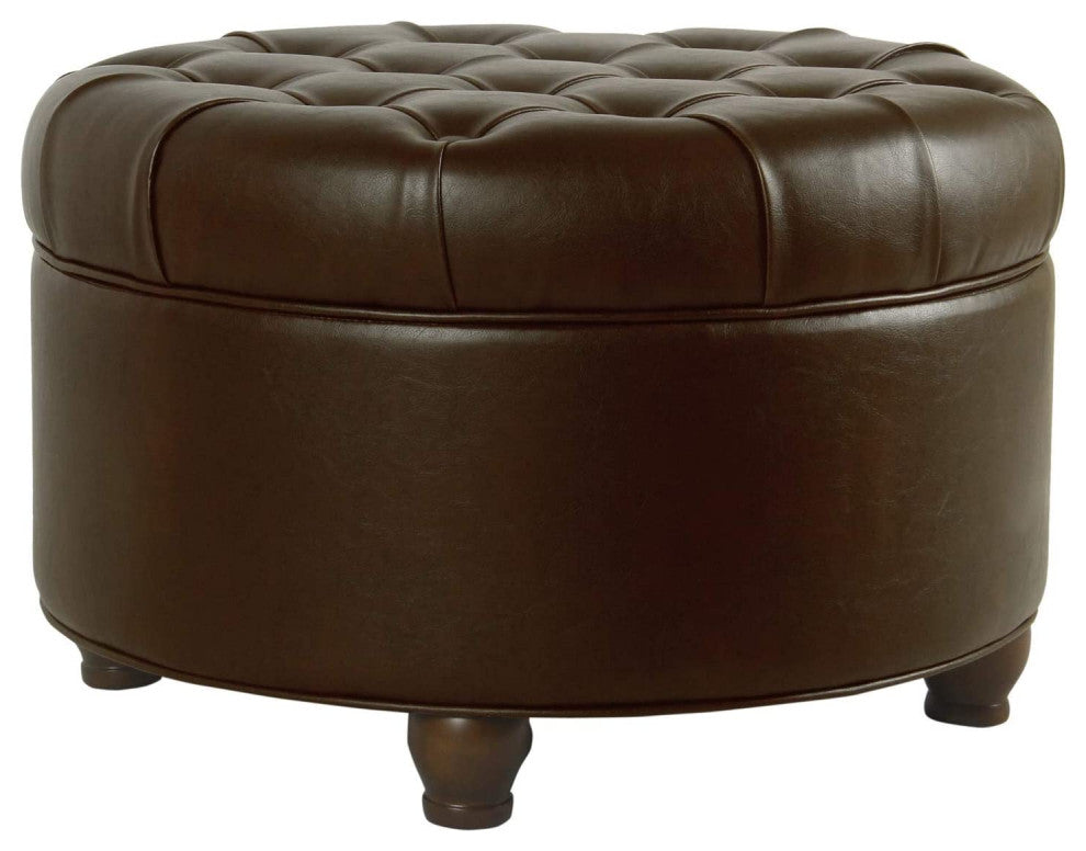 Benzara BM194135 Leather Wooden Ottoman with Tufted Lift Off Lid Storage, Brown
