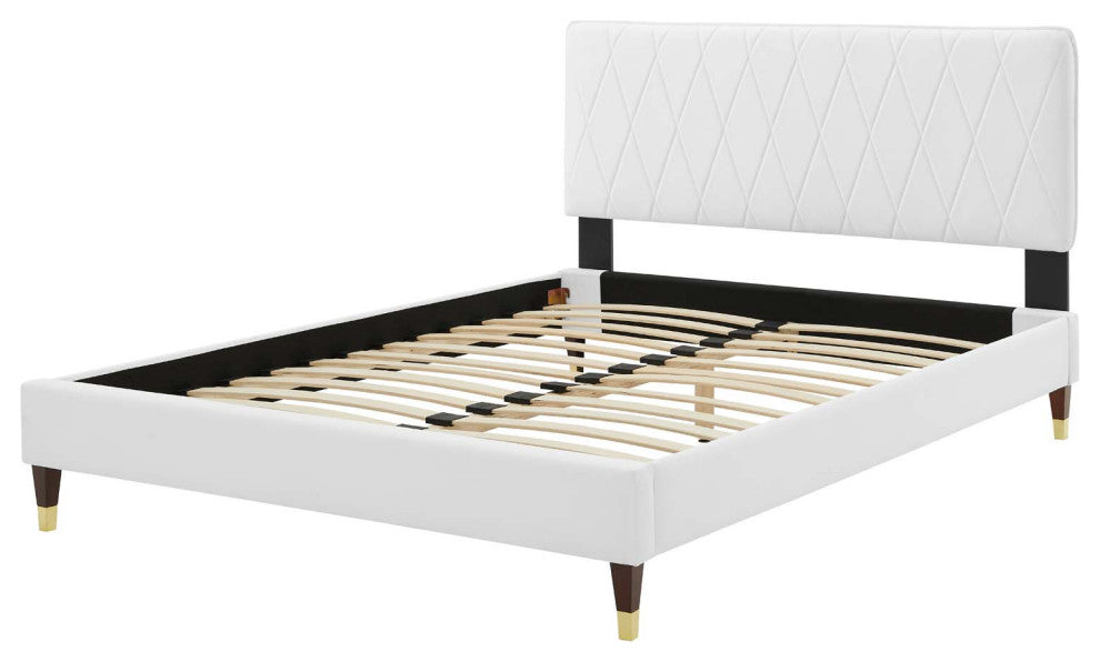 Platform Bed Frame, Full Size, Velvet, White, Modern Contemporary, Bedroom