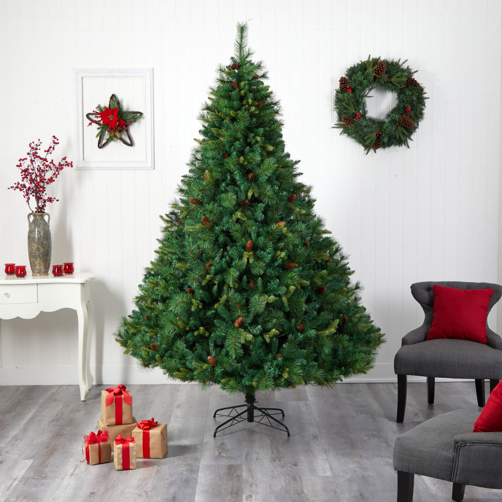 8' West Virginia Full Bodied Mixed Pine Faux Xmas Tree W/700 Lights & Pinecones