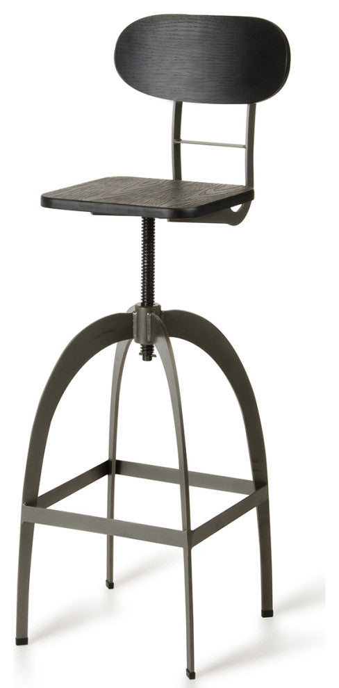 38" Black And Gun Metal And Wood Bar Stool
