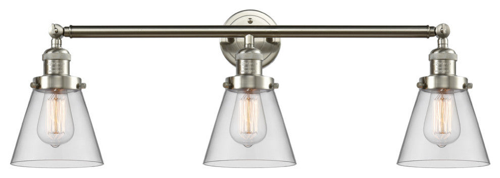 Small Cone 3-Light Bath Fixture, Clear Glass, Satin Brush Nickel