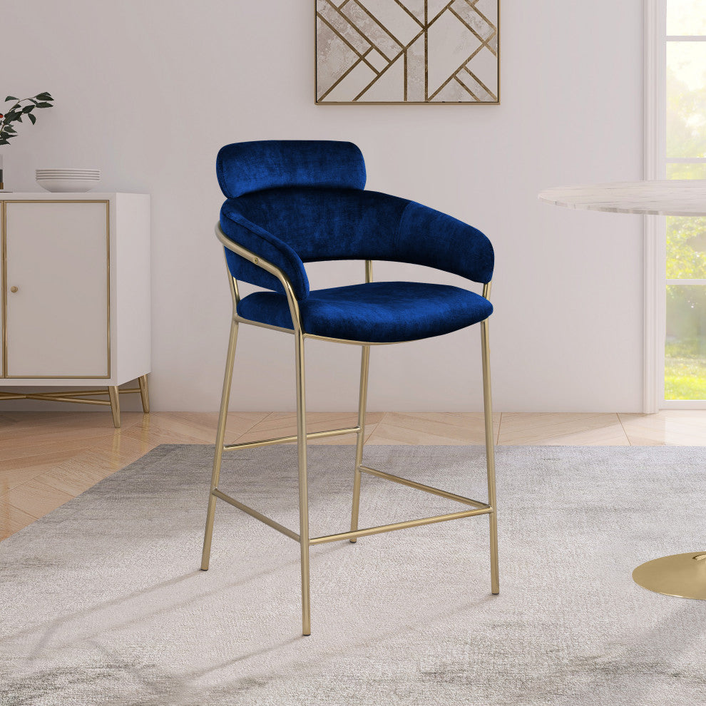 Yara Beige Velvet Upholstered Counter Stool, Navy