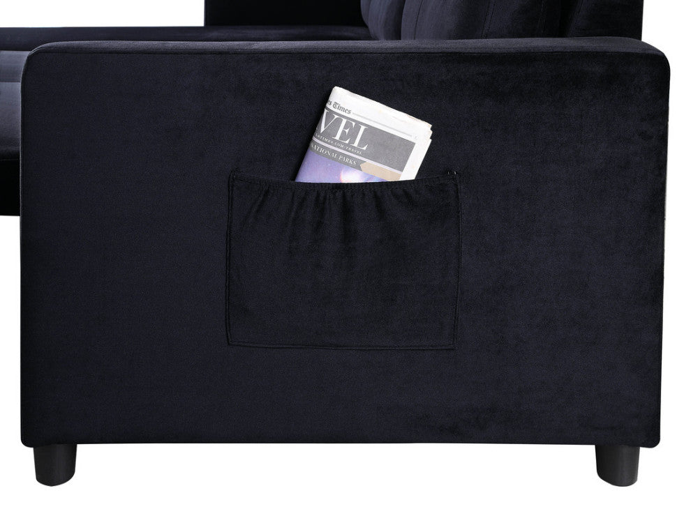 Ivy Black Velvet Reversible Sleeper Sectional Sofa, Storage Chaise, Side Pocket