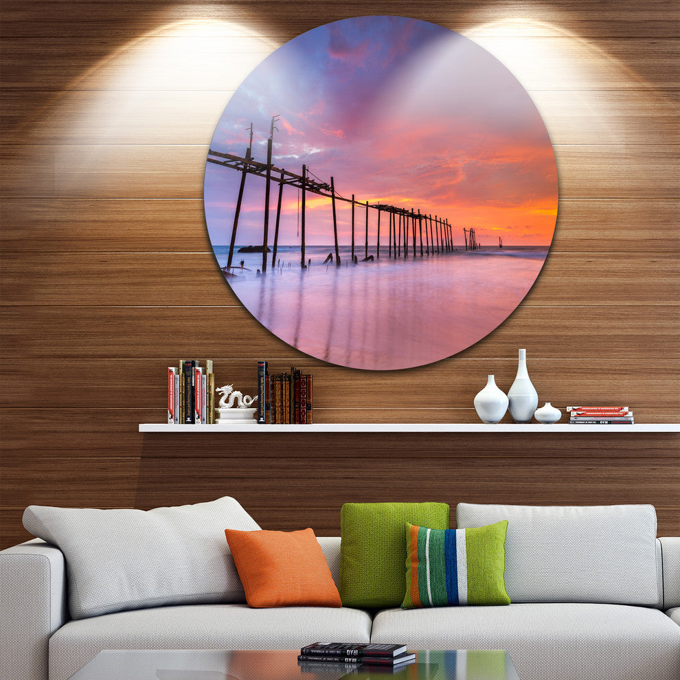 Abandoned Wooden Pier At Sunset, Seascape Round Metal Wall Art, 11"