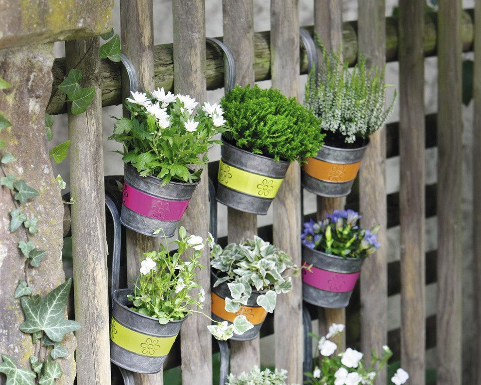 Hanging Metal Flower Planters "Jazzy Flowers" With Hanging Handles, 3-Piece Set