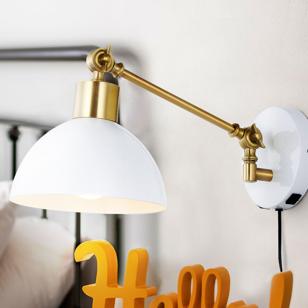 Lisa Swing Arm 1-Light Modern Midcentury Iron USB Charging Port LED Sconce, Whit