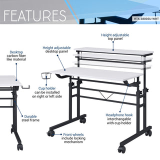 Rolling Writing Desk With Height Adjustable Desktop, White