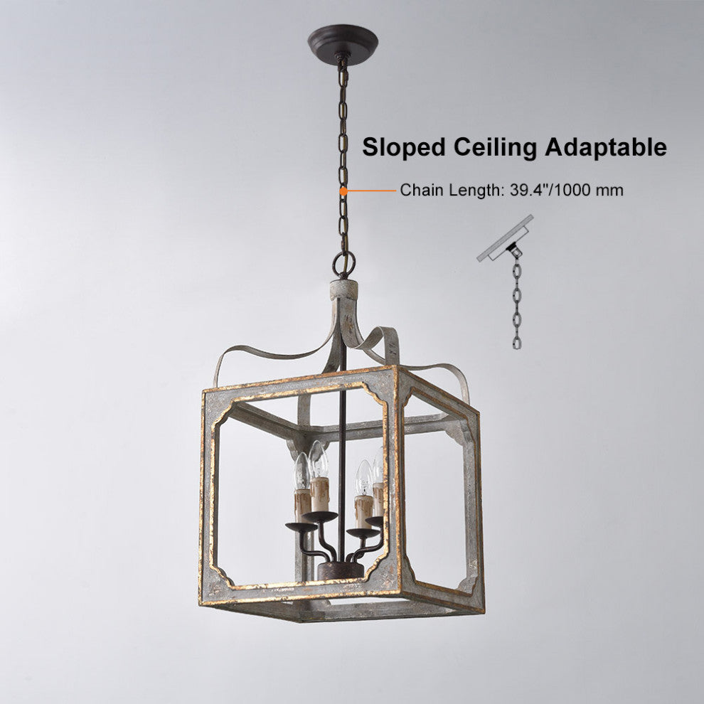 4-Light Lantern Chandelier Square Candelabra Pendant Light, Antique Gray