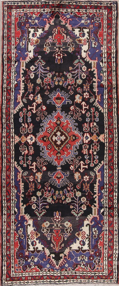 Consigned, Hamedan Wool Handmade Persian Oriental Runner Rug, Black, 9'4"X3'8"
