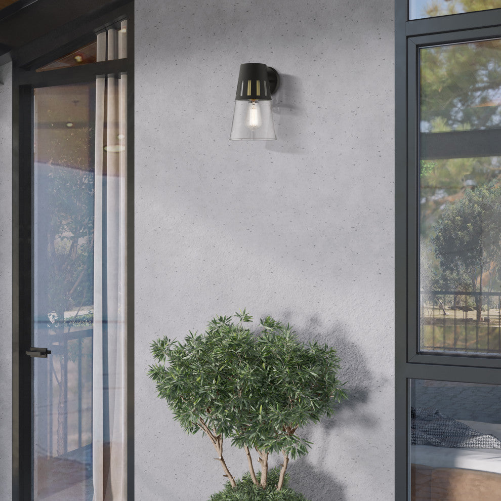 Covington 1-Light Black Outdoor Medium Wall Lantern, Soft Gold Accents