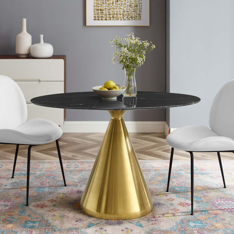 Dining Table, Oval, Artificial Marble, Metal, Gold Black, Cafe Bistro Restaurant
