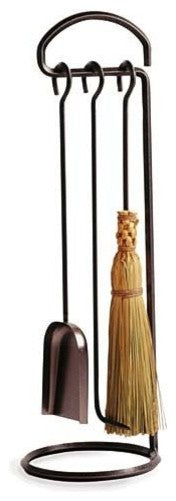 Handcrafted Fireplace Tool Set Hammered Steel w Base & 3 Tools Hammered Steel