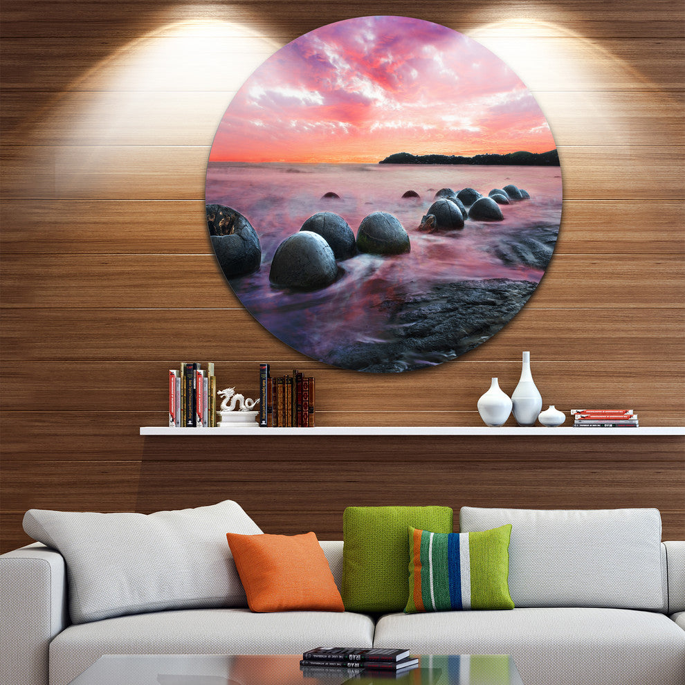 Moeraki Boulders At Sunset, Seashore Photo Round Metal Wall Art, 36"