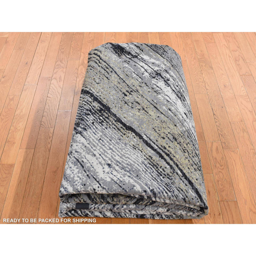 Gray, THE WOOD GRAIN Design, Silk With Wool, Hand Knotted Rug, 9'x12'1"