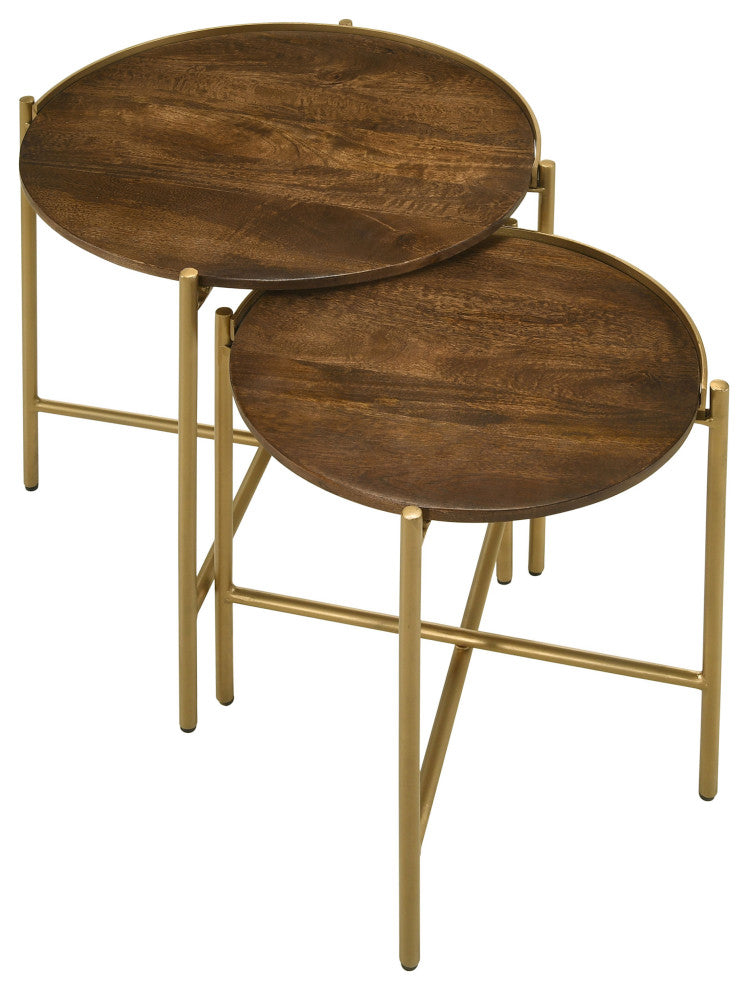Malka 2-piece Round Wood Nesting Table Dark Brown and Gold