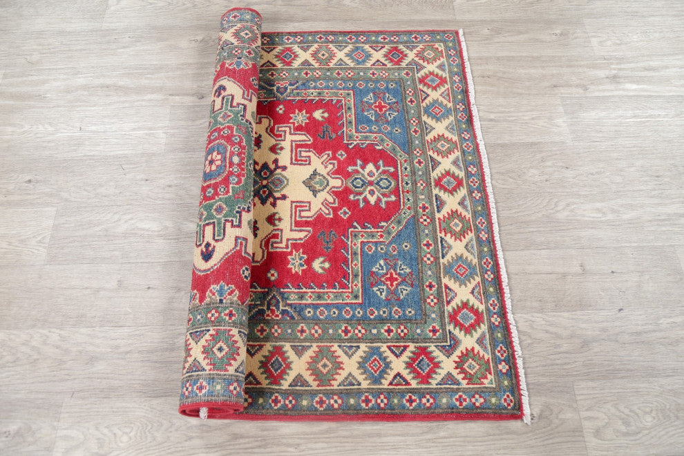 Kazak Oriental Traditional Carpet Pakistani Bordered Area Rug, Beige, 4'8"x3'4